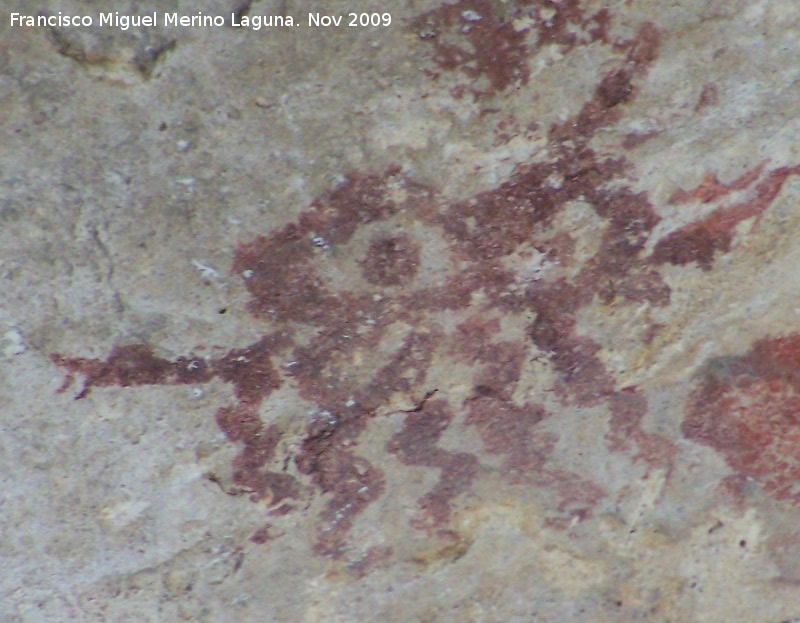 Pinturas rupestres de la Cueva de la Graja-Grupo VIII - Pinturas rupestres de la Cueva de la Graja-Grupo VIII. En el centro de la escena un dolo con dos ojos y lneas en zig-zag debajo de estos