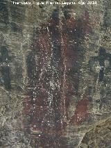 Pinturas rupestres del Abrigo I del To Serafn. Gran antropomorfo doble phi tapado por mancha roja. Grupo V