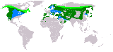Pjaro guila real - Aquila chrysaetos. Distribucin de la especie, Verde claro: estival, Azul: invernada, Verde oscuro: residente.
(Wikipedia)