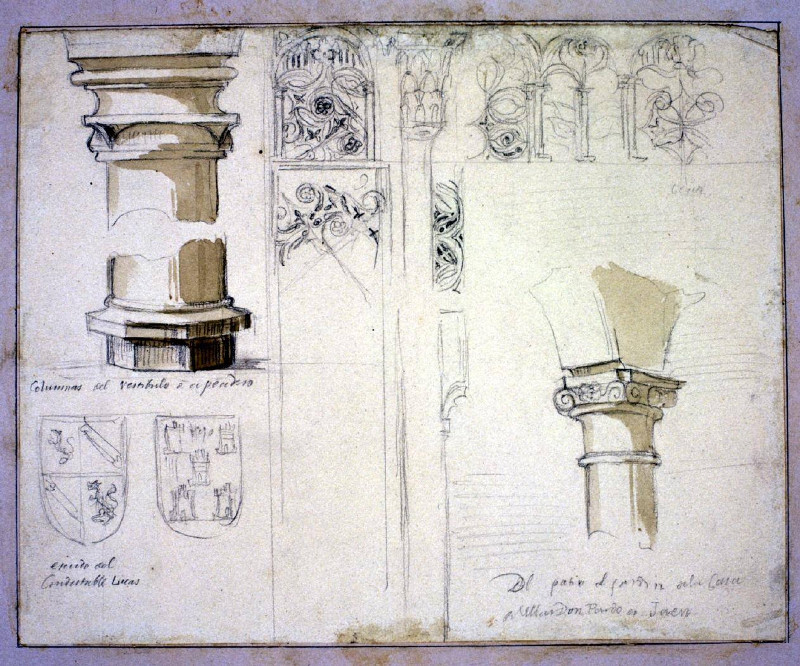 Palacio del Condestable Iranzo - Palacio del Condestable Iranzo. Detalles de columnas, escudos y frisos mudjares del palacio del Condestable en Jan. Dibujo a Lpiz y aguada a color. Autor: Valentn Carderera y Solano. (1796-1880). Fondos del Museo Lzaro Galdiano.