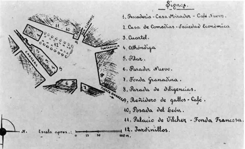 Edificio de la Caja de Ahorros de Crdoba - Edificio de la Caja de Ahorros de Crdoba. Croquis antiguo de la Plaza del Mercado y sus establecimientos