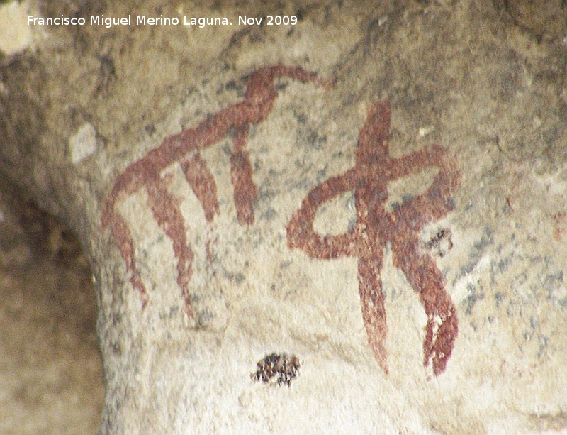 Pinturas rupestres de la Cueva de la Graja-Grupo VIII - Pinturas rupestres de la Cueva de la Graja-Grupo VIII. Cabra sin cuernos y con la cabeza representada por una barra horizontal y un antropomorfo a su derecha del tipo phi con dos piernas de color rojo granate