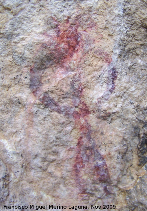 Pinturas rupestres de la Cueva de la Graja-Grupo XIII - Pinturas rupestres de la Cueva de la Graja-Grupo XIII. Antropomorfo tipo phi con dos piernas y decorada su cabeza con finas lneas verticales a modo de corona de plumas