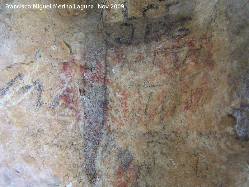 Pinturas rupestres de la Cueva de la Graja-Grupo XVI - Pinturas rupestres de la Cueva de la Graja-Grupo XVI. Antropomorfo y zooformo muy deteriorados