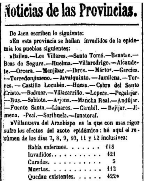 Historia de Peal de Becerro - Historia de Peal de Becerro. Epidemia de Clera. Peridico La Esperanza del 26-7-1855