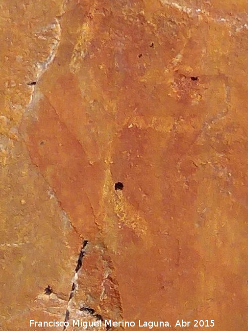 Pinturas rupestres del Abrigo de la Cueva del Santo Grupo II - Pinturas rupestres del Abrigo de la Cueva del Santo Grupo II. W en rojo y sobre sta como un antropomorfo en blanco