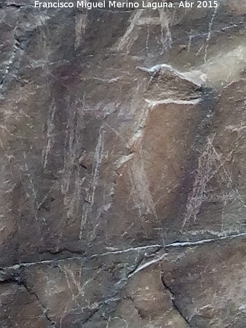 Pinturas rupestres de las Vacas del Retamoso V Grupo II - Pinturas rupestres de las Vacas del Retamoso V Grupo II. Restos de pinturas daados por las inscripciones