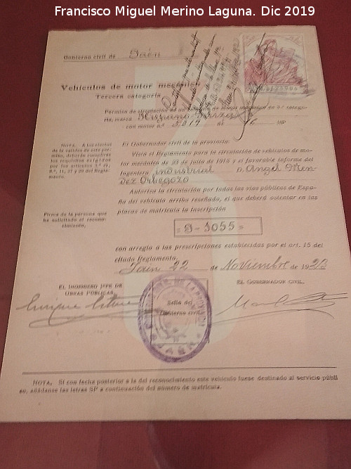 Archivo Histrico Provincial - Archivo Histrico Provincial. Expediente de matriculacin del Hispano Suiza J-1055 en Jimena 1923