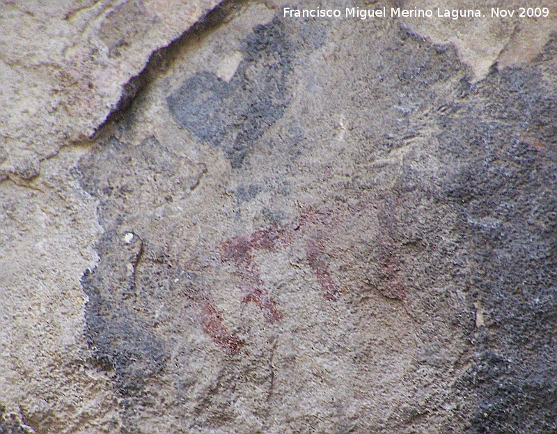 Pinturas rupestres de la Cueva de la Graja-Grupo VII - Pinturas rupestres de la Cueva de la Graja-Grupo VII. Zooformo representada por una barra horizontal y sus cuatro extremidades