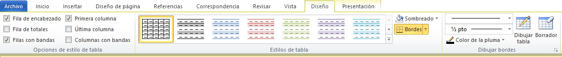 Herramientas de Tabla - Diseño Word 2010. Cintas de opciones. Herramientas de Tabla - Diseño