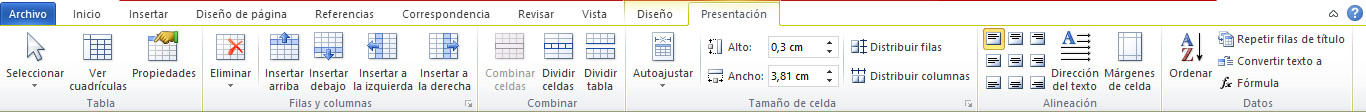 Herramientas de Tabla - Presentación Word 2010. Cintas de opciones. Herramientas de Tabla - Presentación
