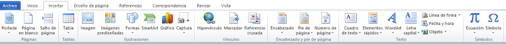 Insertar Word 2010. Cintas de opciones. Insertar