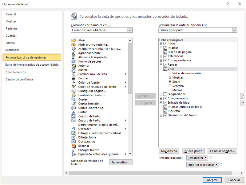 Personalizar cintas Word 2010. Cintas de opciones. Personalizar cintas