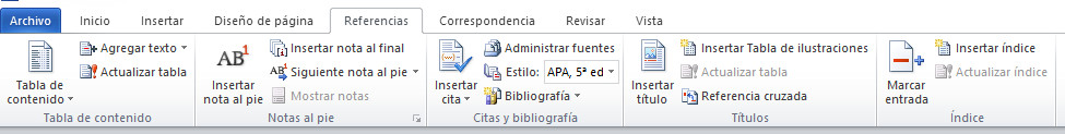 Referencias Word 2010. Cintas de opciones. Referencias