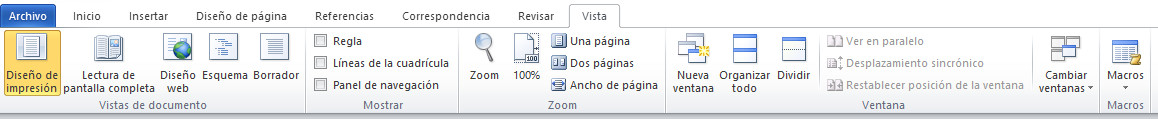 Vista Word 2010. Cintas de opciones. Vista