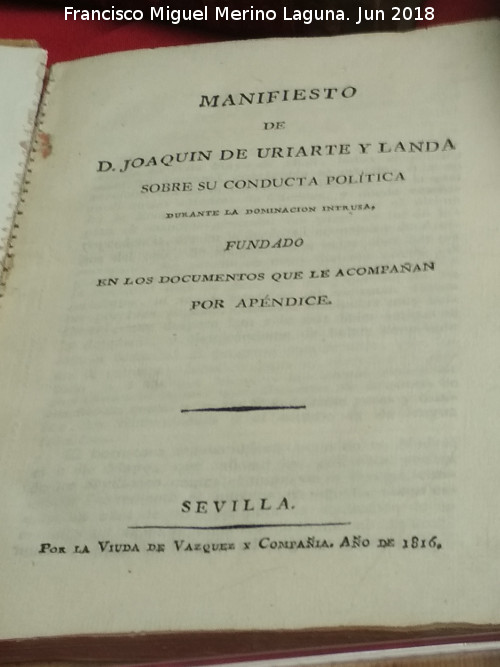 Historia de Jan. Siglo XIX - Historia de Jan. Siglo XIX. Manifiesto de Manuel Uriarte de Landa. Prefecto de Jan. 1811. Exposicin Palacio Villardompardo - Jan