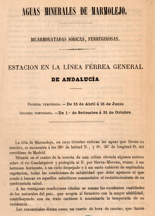 Balneario de Marmolejo - Balneario de Marmolejo. Aguas minerales de Marmolejo 1847