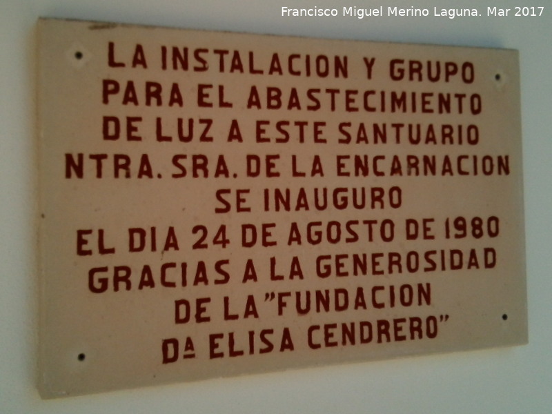 Santuario de Ntra Sra de la Encarnacin - Santuario de Ntra Sra de la Encarnacin. Placa de la electrificacin