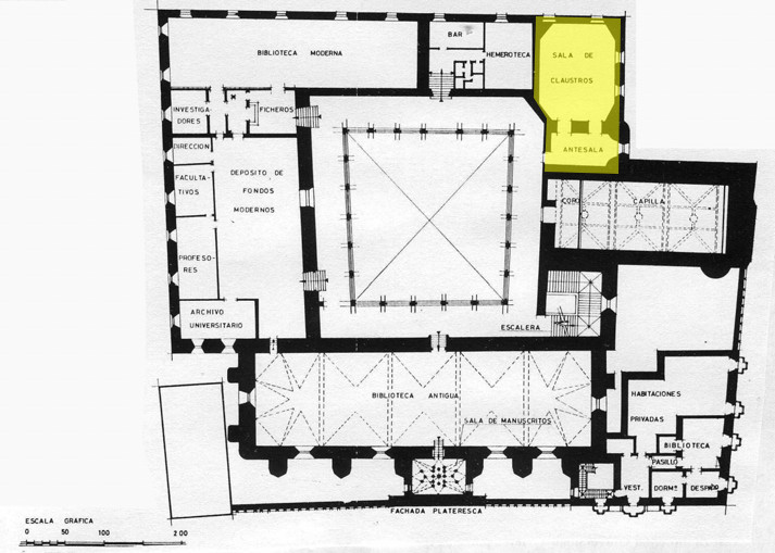 Escuelas Mayores. Sala de Claustros - Escuelas Mayores. Sala de Claustros. Planta primera. Plano de Ildefonso Gago