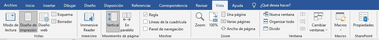 Vista Word 2019. Cintas de opciones. Vista