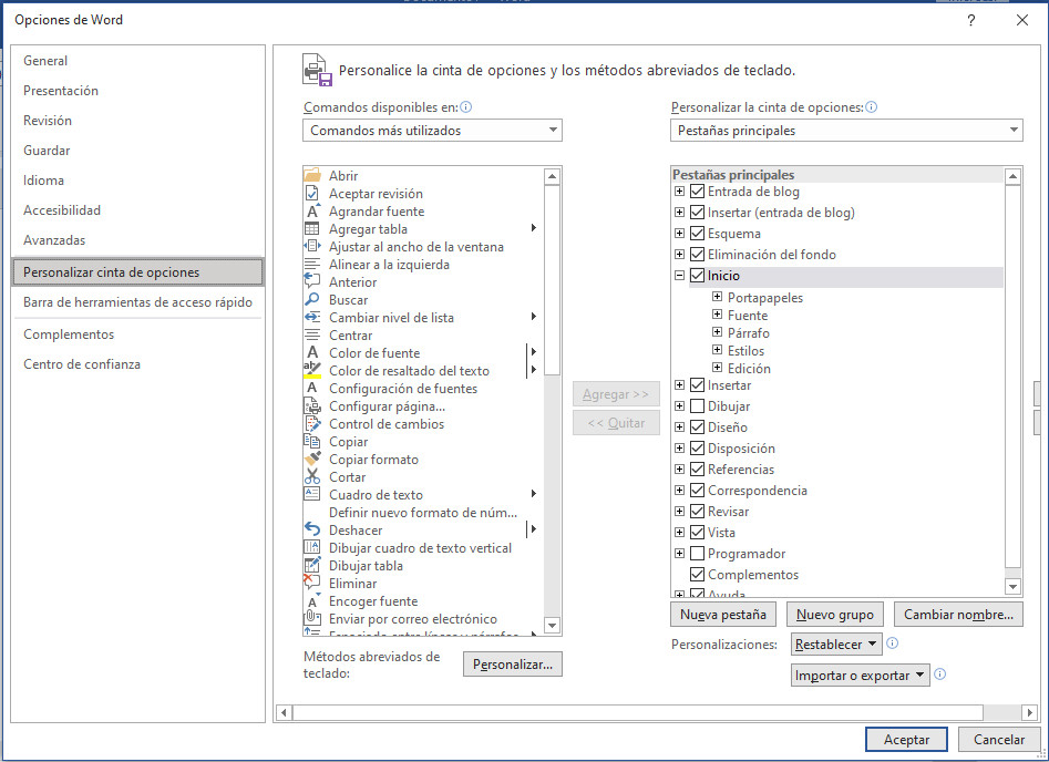 Opciones Word 2019. Cintas de opciones. Opciones