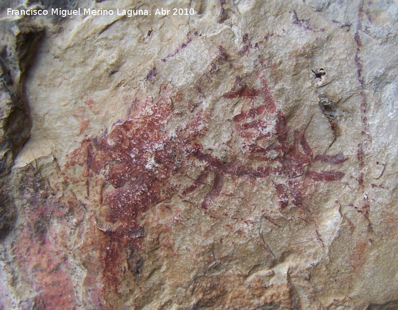 Pinturas rupestres de la Cueva de los Herreros Grupo IX - Pinturas rupestres de la Cueva de los Herreros Grupo IX. Figura desvada con finas lneas hacia en ciervo y marco de la escena