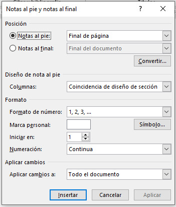 Word 2019. Cuadro de diálogo Notas al pie y notas al final.