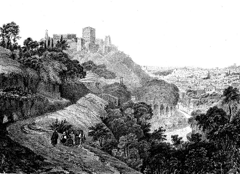 Alhambra - Alhambra. Camino de la Fuente del Avellano. Dibujo de F. J. Parcerisa 1850