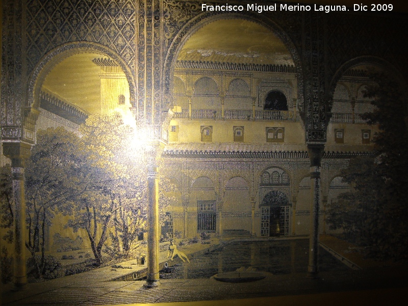 Alhambra. Patio de los Arrayanes - Alhambra. Patio de los Arrayanes. Grabado antiguo del siglo XVIII