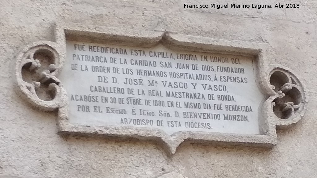 Capilla de San Juan de Dios - Capilla de San Juan de Dios. Cartela