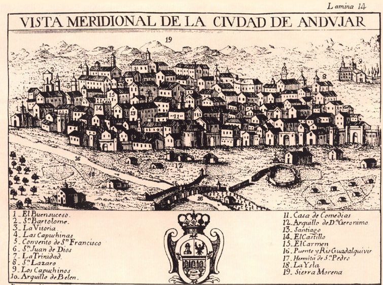 Andjar - Andjar. Vista meridional de la ciudad de Andjar segn grabado de Bernardo de Espinalt de 1789.
