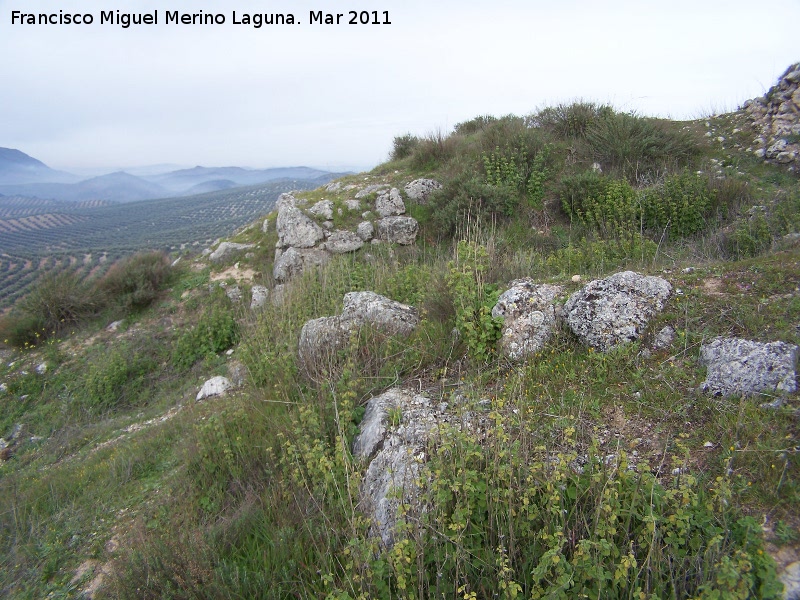 Oppidum del Cerro Algarrobo - Oppidum del Cerro Algarrobo. Muralla ciclpea y la puerta de acceso