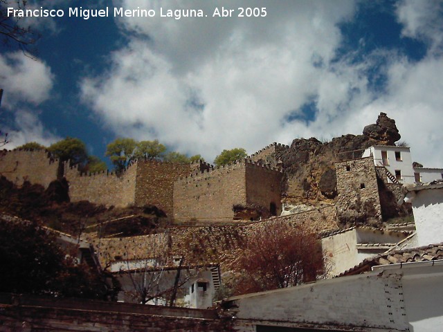 Castillo de la Yedra - Castillo de la Yedra. Las murallas del tercer recinto en la parte baja y en la parte superior las del segundo recinto con la Puerta y el escudo del obispo
