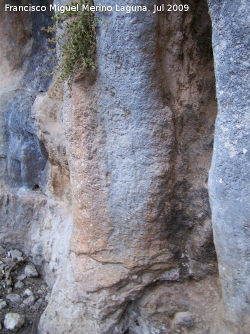 Petroglifos rupestres de El Toril - Petroglifos rupestres de El Toril. Crculos concntricos con dos barra hacia abajo a modo de cuerpo