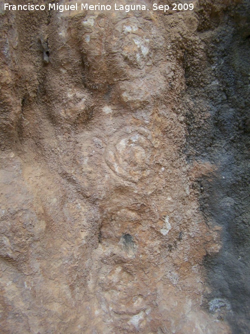 Petroglifos rupestres de El Toril - Petroglifos rupestres de El Toril. Crculos del abrigo izquierdo alineados verticalmente