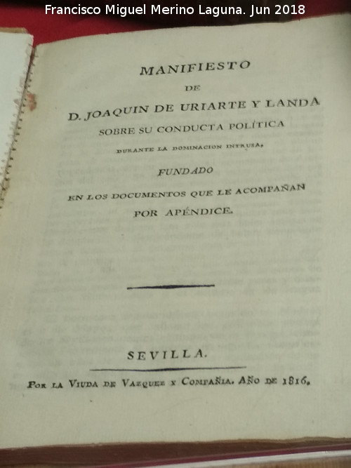 Historia de Sevilla - Historia de Sevilla. Manifiesto de Manuel Uriarte de Landa. Prefecto de Jan. 1811. Exposicin Palacio Villardompardo - Jan