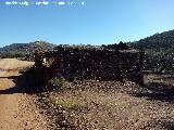 Noria del Cortijete. Ruinas del Cortijete junto al Paso y al fondo el Cerro de la Atalaya