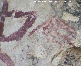 Pinturas rupestres de la Cueva de la Graja-Grupo VIII. Barra inclinada que termina en otra barra oblicua que parten de ellas cinco barras en zig-zag