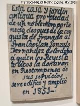 Carmen de los Chapiteles. Placa de conmemoracin de la reedificacin del carmen. Exposicin en la Alhambra 1851