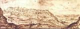 Historia de Chinchilla del Montearagn. Con Albacete al fondo. Dibujo de Anton Van den Wyngaerde. Ao 1563.